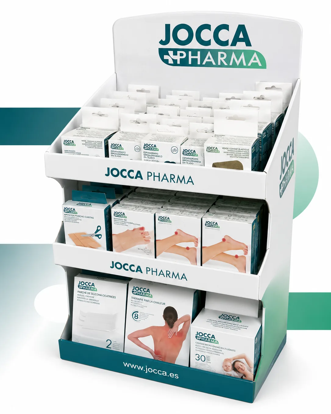 Expositor de mostrador de cartón de Jocca Pharma con tres niveles escalonados de producto de parafarmacia y panel de colgadores