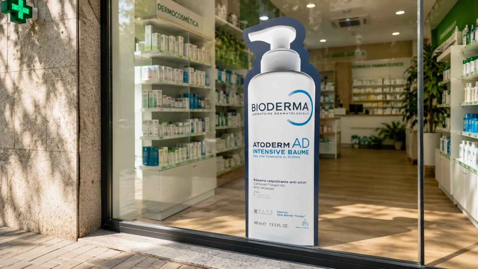 Tótem publicitario silueteado de Bioderma Atoderm AD en el escaparate de una farmacia